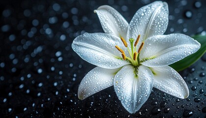 Serene Beauty - Close-up of a White Lily with Glistening Petals on Dark Background