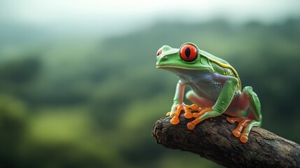Fototapeta premium Colorful red-eyed tree frog perched on a branch in a lush green environment.