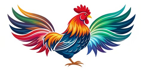 Obraz premium A colorful cartoon rooster silhouette incorporates stylized wing elements, forming a playful, circular logo concept