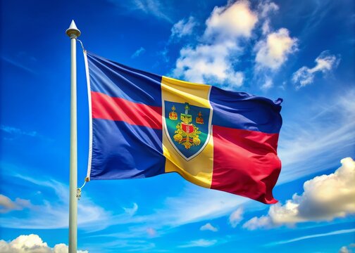 A colorful flag bearing a university's crest or emblem waves proudly against a bright blue sky, symbolizing academic