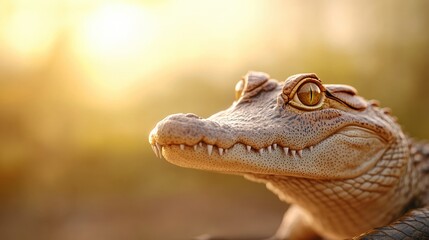 Obraz premium Crocodile close-up, detailed texture, warm sunlight in the background