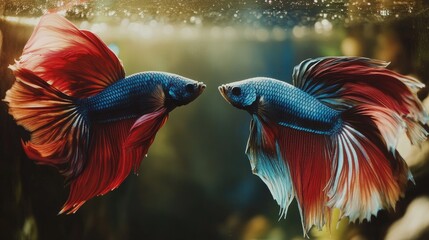 Two Betta fish facing off in a tank, their fins flared wide and colors vibrant as they assert their dominance in a dramatic, underwater showdown.
