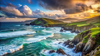 Fototapeta premium Waves crash against rugged coastline of emerald green hills meeting the misty blue horizon, showcasing Ireland's serene and dramatic shoreline scenery at dusk.