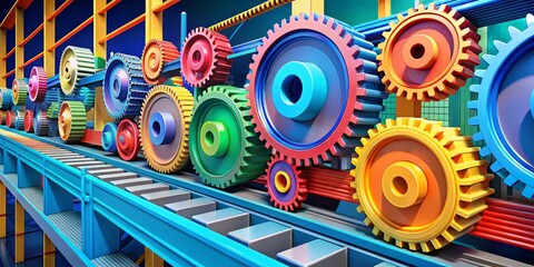 A colorful, stylized illustration of a moving conveyor belt with gears, cogs, and machinery, conveying a sense of