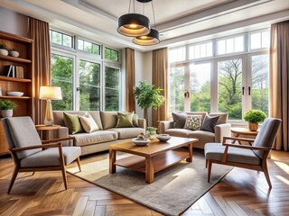 A cozy modern living room interior featuring a sleek wooden table surrounded by comfortable armchairs and a large