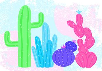 Set of neon cacti. Cactus and succulent plants. Green, blue, violet and pink tropical and exoic flowers. Wild flora. Flat vector illustration