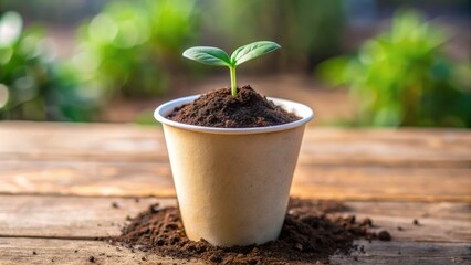 A delicate seedling emerges from a repurposed coffee cup, surrounded by rich brown coffee grounds, symbolizing growth,