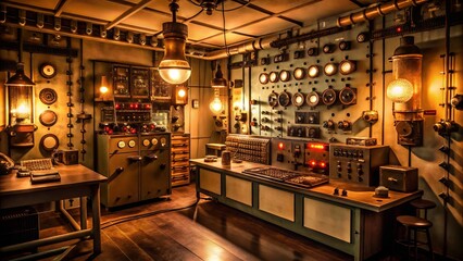 A dimly lit control room filled with old-fashioned analog radio equipment, dials, and meters, emitting a warm glow,