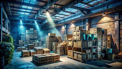 A dimly lit, rundown warehouse interior with crates and boxes stacked high, illicit substances and drug paraphernalia