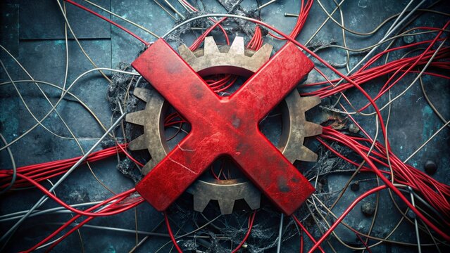 A distressed red X symbol overlaid on a cracked screen surrounded by broken gears and tangled wires, conveying