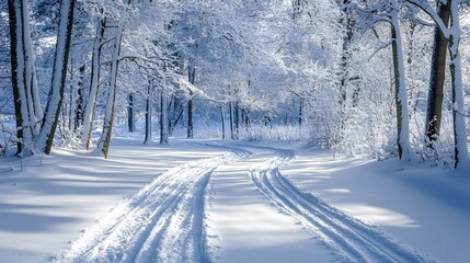 Fototapeta premium Snowmobile speeding through a snowy forest on a crisp winter day, leaving tracks in the fresh snow. The powerful and dynamic scene captures the thrill of winter adventure and the beauty of nature