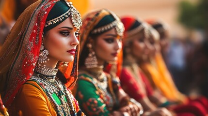 Fototapeta premium A woman in a vibrant red and gold sari with elaborate jewelry looks off to the side while sitting with other women in traditional dress.