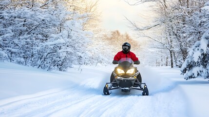 Snowmobile speeding through a snowy forest on a crisp winter day, leaving tracks in the fresh snow. The powerful and dynamic scene captures the thrill of winter adventure and the beauty of nature