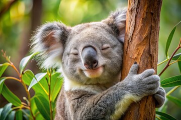 Fototapeta premium Adorable grey and white koala clings to eucalyptus tree branch, snout twitching, fluffy ears perked, eyes closed in