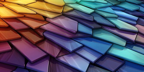 Abstract Gradient Pattern of Shiny Rectangular Tiles in Hues of Yellow, Red, Purple, and Blue