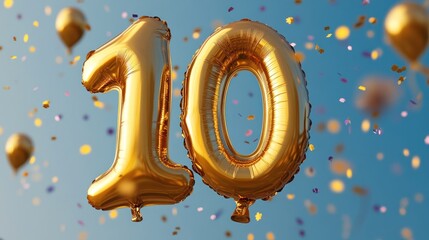 Golden number 10 balloons surrounded by sparkling confetti against a clear blue background, symbolizing celebration, anniversary, or a milestone event.
