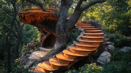 Naklejka premium Wooden Staircase Winding Up a Tree
