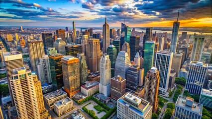 Aerial view of a bustling cityscape with sleek skyscrapers and busy streets, symbolizing foreign investment and