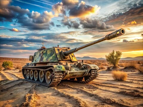 A dusty, camouflaged Soviet-era 2S5 Giatsint-S self-propelled heavy artillery gun sits idle in a desolate, sun-scorched
