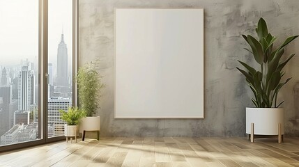 Modern Living Room with Cityscape: Blank Poster Mockup in 3D Render