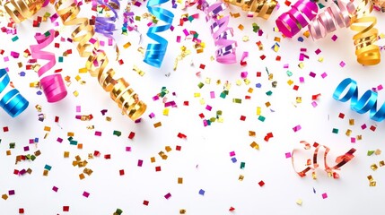 Obraz premium Colorful confetti and streamers scattered on a white background, perfect for celebrating events and festive occasions.