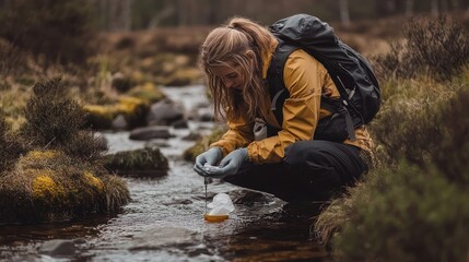 A woman in a yellow jacket and black pants takes a water sample from a stream in a forest with her hand in a black glove.