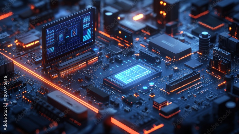 Aufkleber a close-up view of a futuristic circuit board with glowing elements.