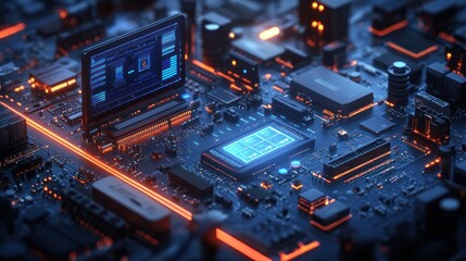 A close-up view of a futuristic circuit board with glowing elements.