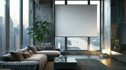 Modern Living Room with Cityscape: Blank Poster Mockup in 3D Render