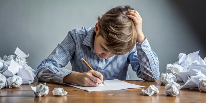 A frustrated student struggles to write, with scribbled papers, crumpled drafts, and torn erasers scattered around,