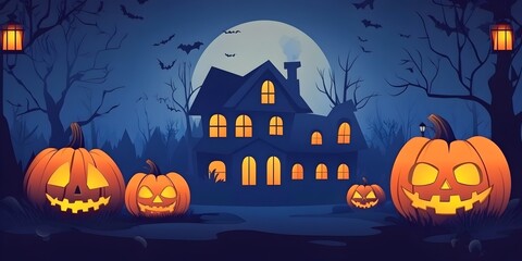 Fototapeta premium Halloween poster, scary pumpkin and house, with fantastic background