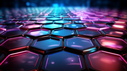 Fototapeta premium A futuristic abstract design of a mosaic of hexagonal shapes, illuminated with vibrant iridescent hues, creating a sense of depth and dimension.