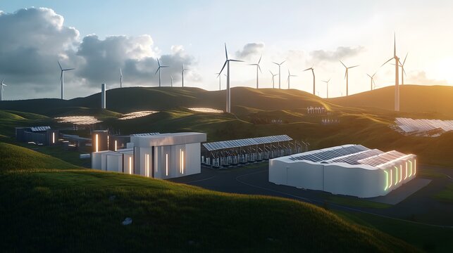 Renewable Energy Storage Solutions: A sprawling landscape of wind turbines and solar panels feeding energy into a sleek, futuristic storage facility. Inside, massive energy storage units glow with sof