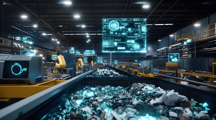 IoT-enabled Recycling Systems: A futuristic recycling facility filled with smart robotic systems and IoT sensors monitoring waste. The machines work autonomously, sorting materials with precision. Rea