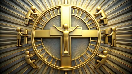 Obraz premium A golden cross with outstretched arms, surrounded by a circular shape with a subtle pattern, symbolizing faith,