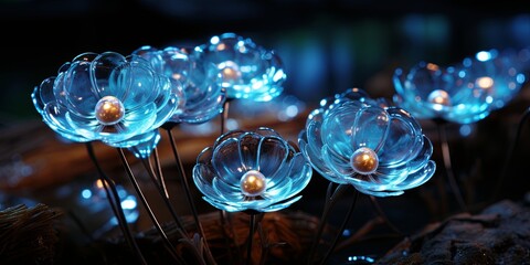 A symphony of blue, illuminated by glowing orbs,  each petal a delicate shard of light, casting ethereal shadows on the surrounding darkness.