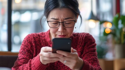 A woman in red sweater using her smartphone.