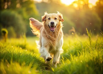 A joyful golden retriever runs freely in a lush green meadow, its fur fluffed up, ears flapping, and