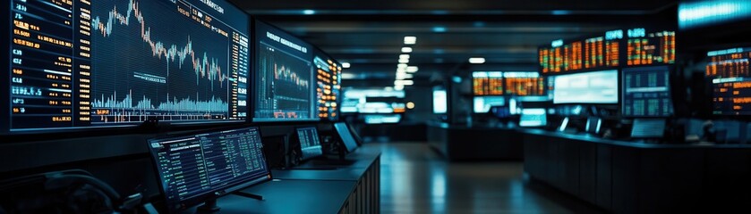 Fototapeta premium A dark trading floor with panicked investors and screens showing a sharp market decline
