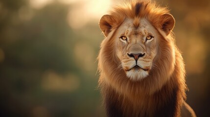 Fototapeta premium Lion portrait with a majestic mane on a blurred natural background.