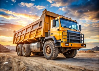 A large, rugged dump truck with a bold, graphic logo emblazoned on its side panel, parked in a