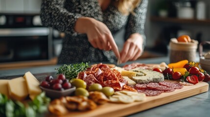 A woman is preparing a delicious charcuterie board with cheese, meat, and vegetables.