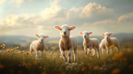 Four playful lambs grazing in a lush green meadow under a scenic sky.