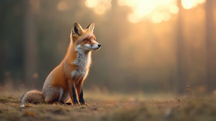 Fototapeta premium Fox in a wooded area during sunset, soft light filtering through trees.
