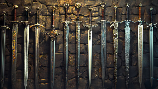 Unique swords on display in a medieval armory setting