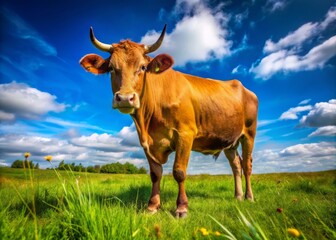 A majestic brown cow with a shiny coat and gentle eyes grazes peacefully in a lush green meadow