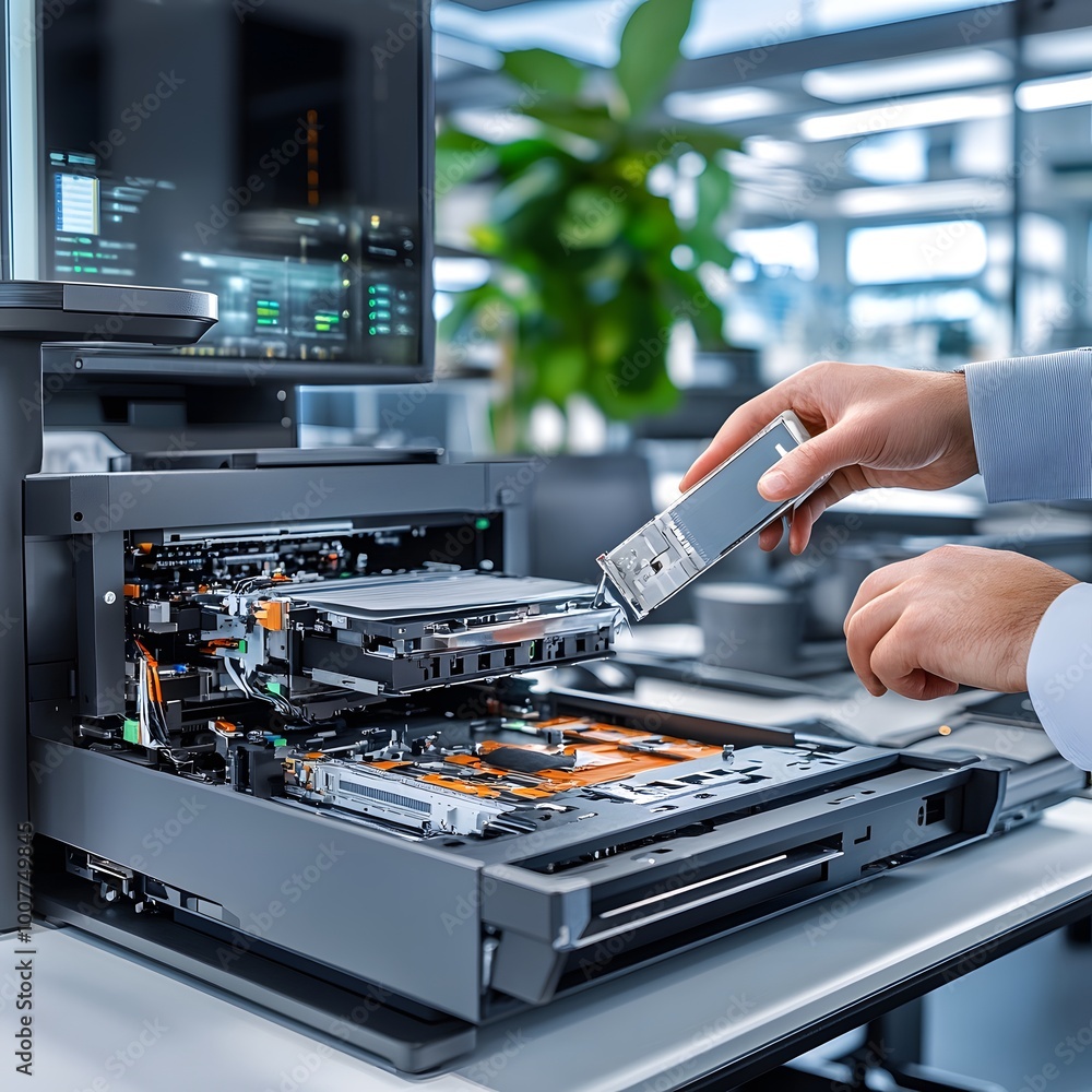 Poster technician installing a hard drive in a server.