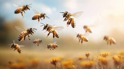 Honey bees flying among blooming flowers in a sunlit landscape