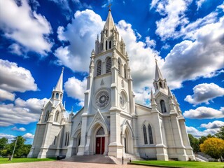Obraz premium A majestic white stone church building stands tall with a striking steeple and intricate architectural details, set