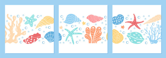 Underwater scene with marine life, including starfish, sea shells, and coral. A beautiful, colorful reef and aquatic life in ocean water at design template for social media post